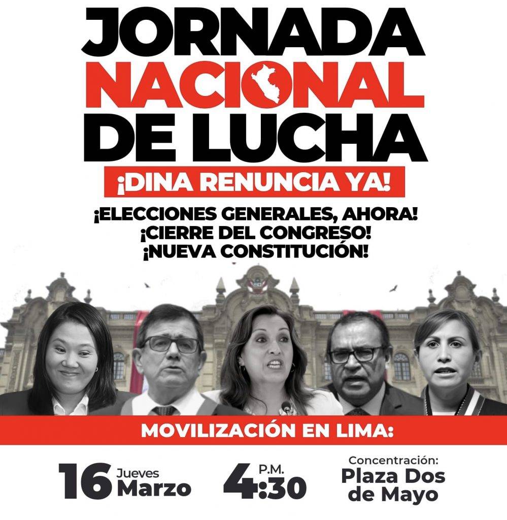 Sindicatos peruanos convocan Jornada Nacional de Lucha contra la Dictadura el 16 de marzo