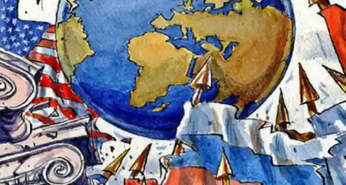 Dibujo del mundo rodeado de banderas