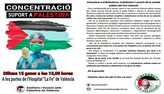 Sanitari@s con Palestina convoca concentración frente al Hospital «La Fe» de València el 15 E.