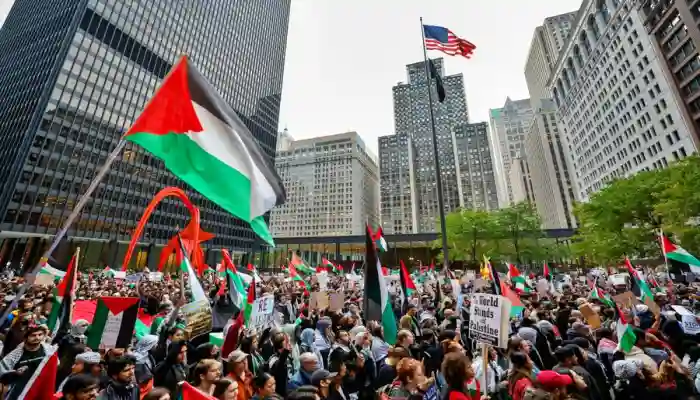 Manifestantes en Chicago se manifiestan en apoyo de los palestinos el 18 de octubre de 2023. (Foto de KAMIL KRZACZYNSKI/AFP vía Getty Images)