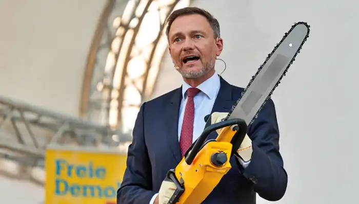 Foto de Lindner el jueves por la noche en "Maybrit Illner": "Lo más importante es que no se añada un nuevo gasto social". IMAGO/Eibner; Montaje: jW