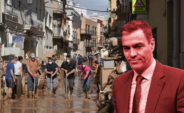 Composición de foto pedro sánchez y DANA en Valencia
