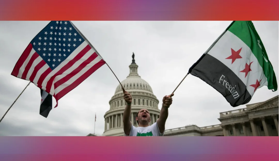 Banderas de Siria y Libia con fondo de la Casa Blanca