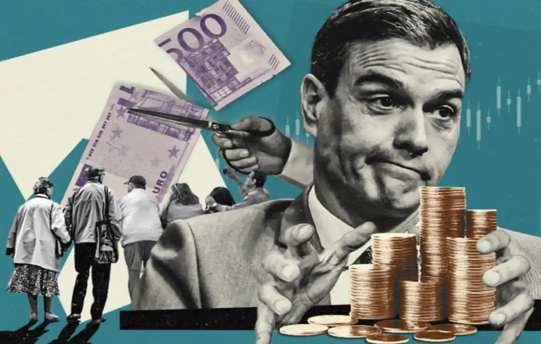 Dibujo de Pedro Sánchez acaparando dinero de las pensiones