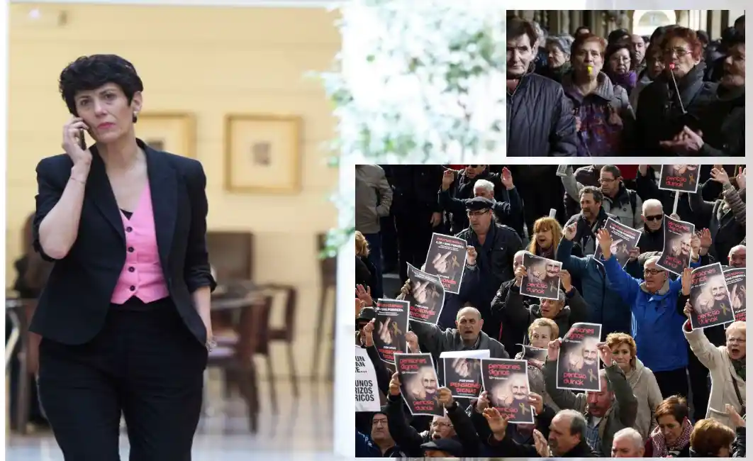 Elma Saiz, ministra de Inclusión, Seguridad Social y Migraciones, y fotos de movilizaciones de pensionistas