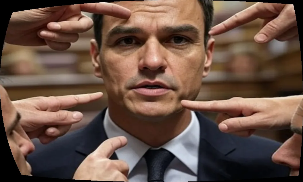 Foto de Pedro Sánchez rodeado de dedos acusadores