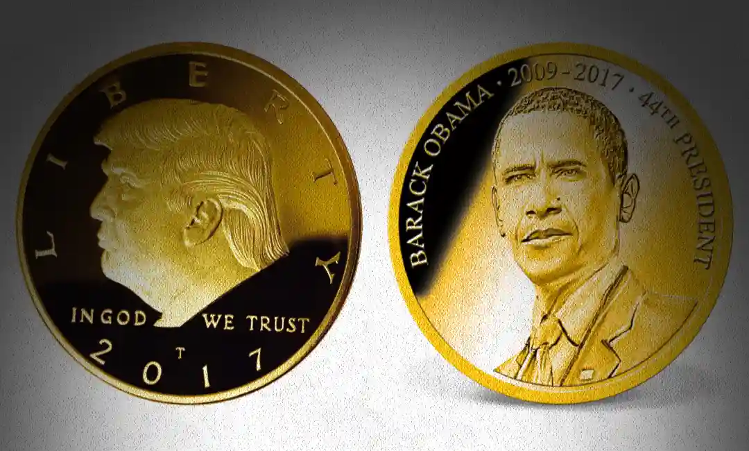 Moneda dos caras con Trum y Ob ama