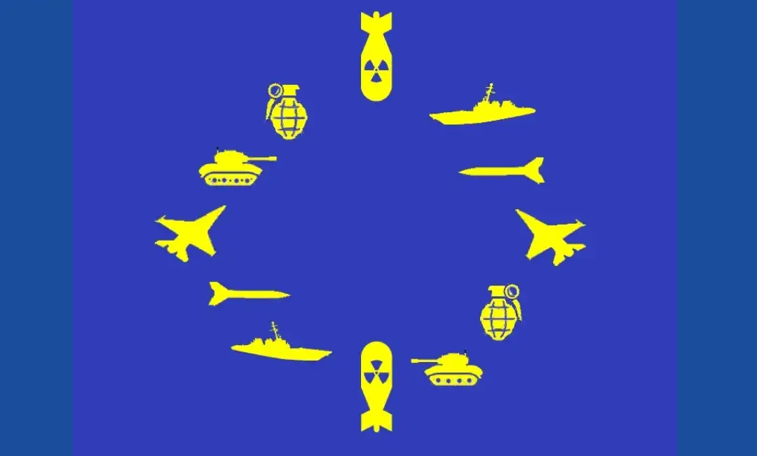 Logo de la Unión Europea que sustituye las estrellas por armamento