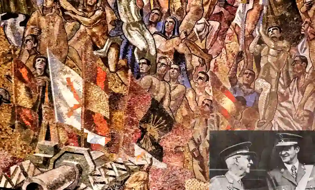 Foto de "caidos por Dios y por España" a la entrada de la Cripta y añadido de Franco-Juan Carlos