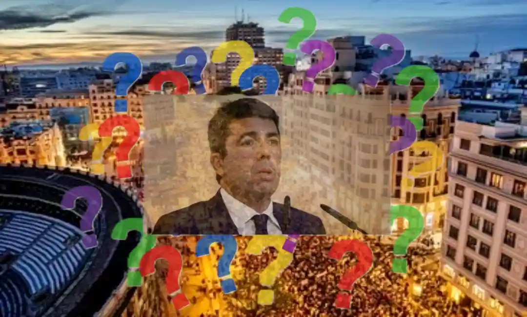 Composición foto Carlos Mazón sobre manifestación masiva por su dimisión