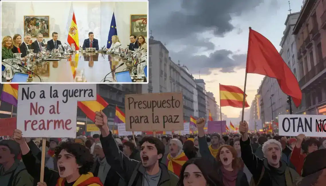 Composición gráfica por IA de manifestación contra la guerra y Conejo de ministros reunido
