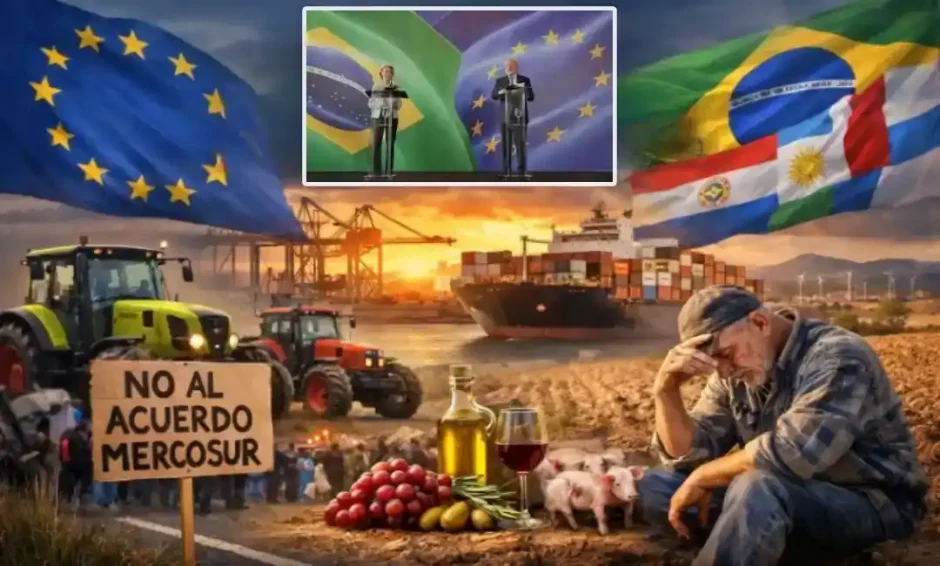 Imagen por IA de un agricultor desolado y los dirigentes de la UE y Mercosur