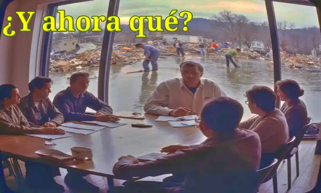 Composición de personas reunidas sobre fondo de la riada de la DANA