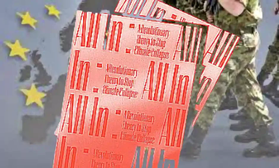 Portada del libro All in sobre fondo de militarismo en europa