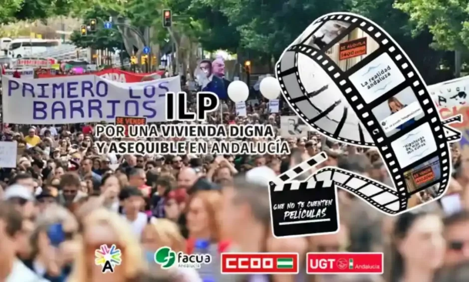ILP por la vivienda digna en Andalucía. 3 Cartel ortginal de la convocatoria sobre fondo de manifestación