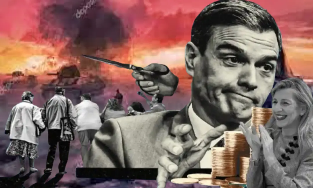 Foto de Pedro Sánchez y Yolanda Díaz sobre fondo de guerra