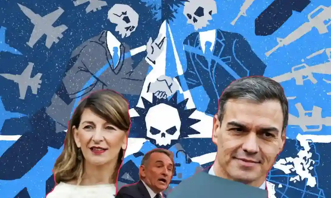 Composición fotos gobierno españa sobre fondo de la OTAN criminal