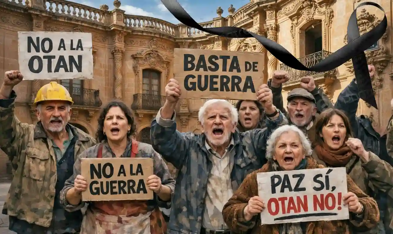 Composición IA trabajadores protestando contra la guerra y la OTAN