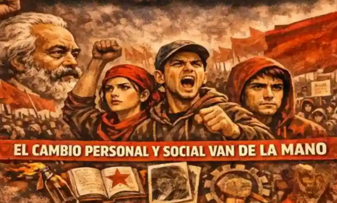 Composición por IA de trabajadores reivindicando a Marx