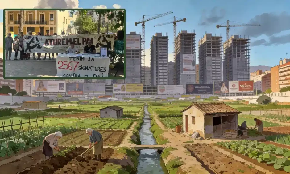 València, en manos del ladrillo: nuevos PAIs y ley del suelo contra la huerta y los barrios populares. 3 Composición por IA de edificios y huerta enfrentados