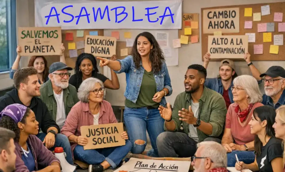 ¿Qué política necesitamos? Renovar las prácticas o seguir repitiendo los mismos errores. 4 Imagen por IA de grupo de activistas discutiendo.