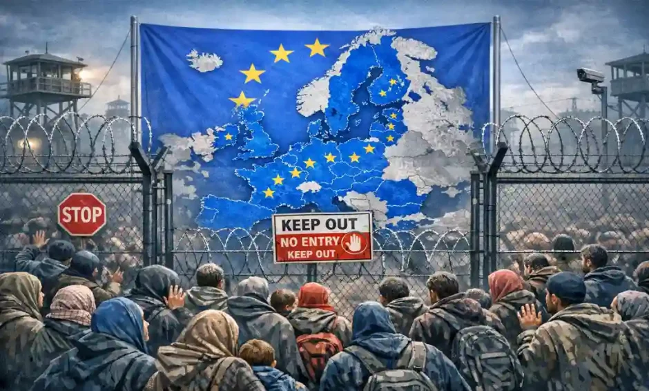 Composición por IA de Unión Europea con alambradas