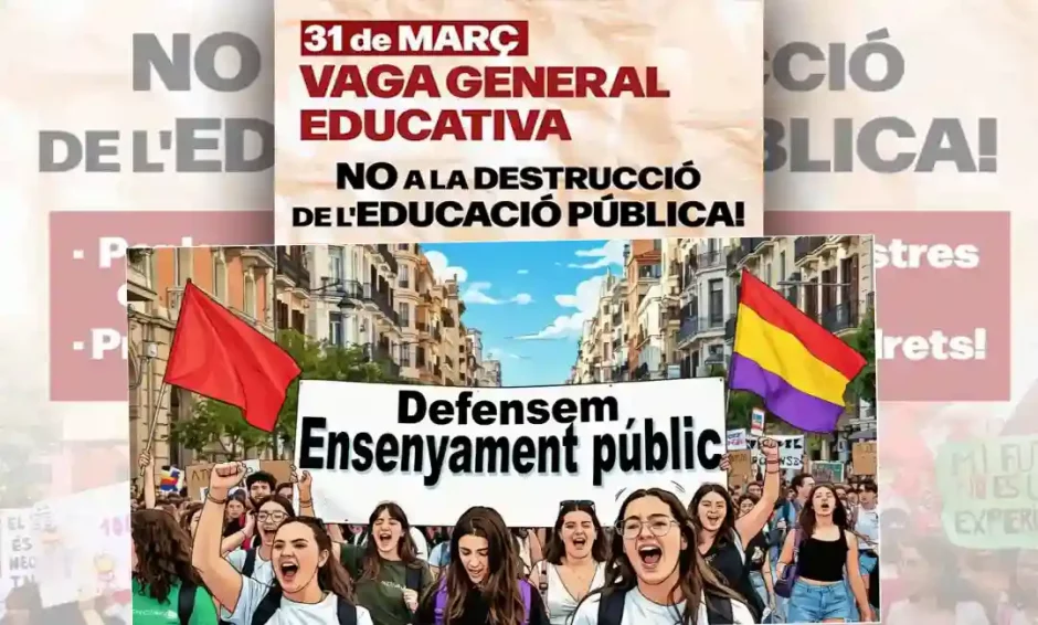 Éxito de la Huelga General por la Educación Pública en Valencia. 3 Cartel convocatoria del Sindicatop de Estudiantes y superpuestauna animación IA