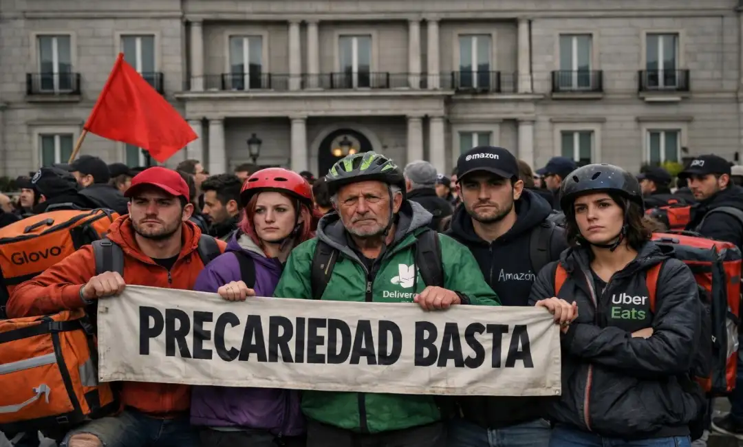 Imagen por IA de trabajadores autónomos frente a sede del gobierno