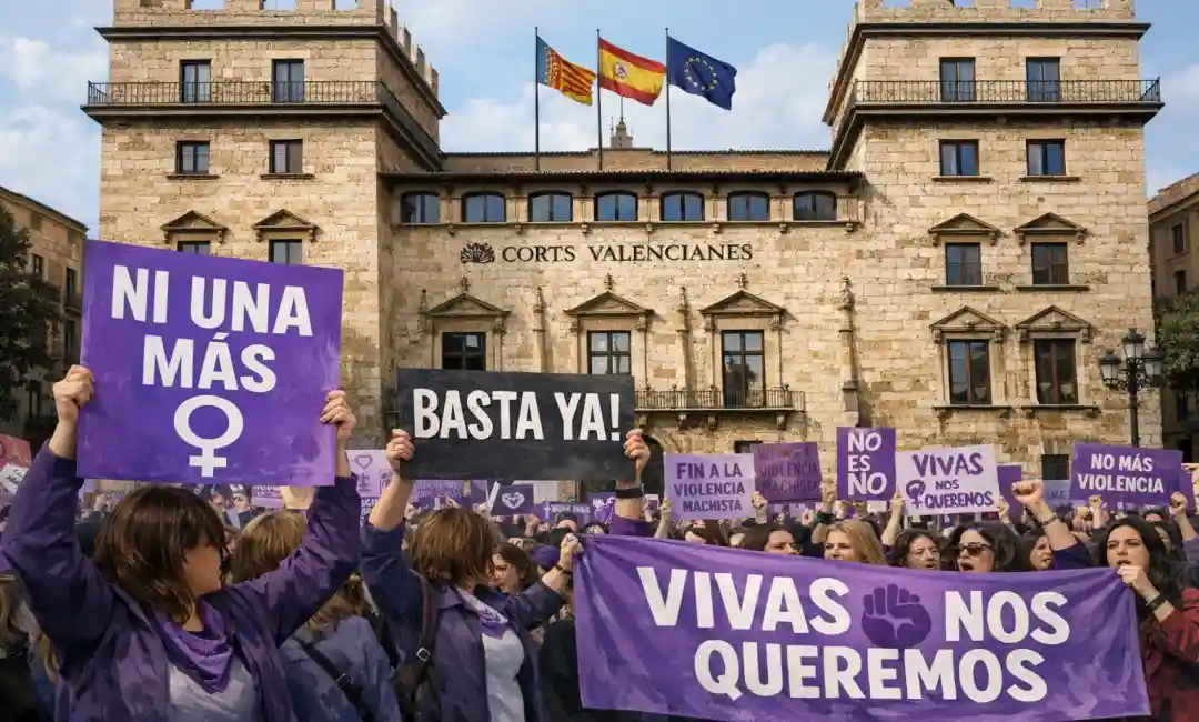 Imagen por IA de manifestantes frente al gobierno valenciano