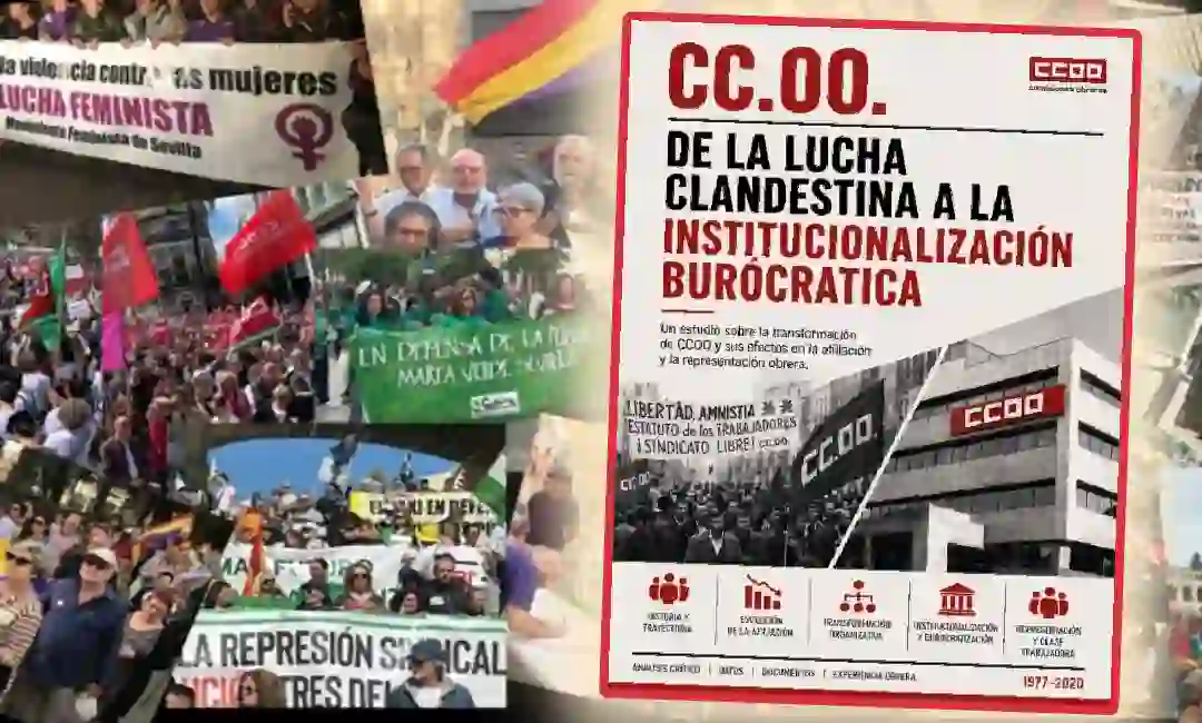 Portada del libro sobre fondo de movilizaciones laborales