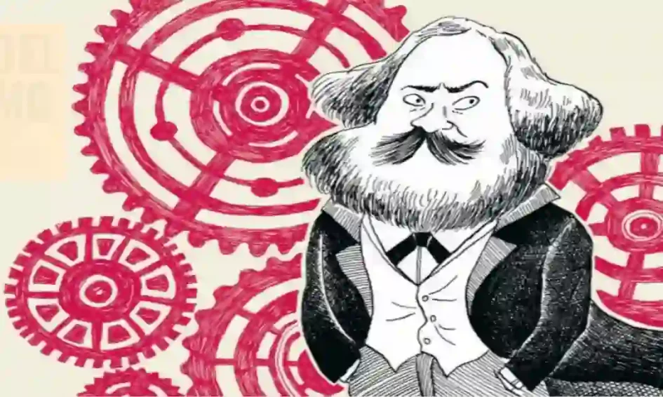 Dibujo de Marx mirando las ruedas del progreso