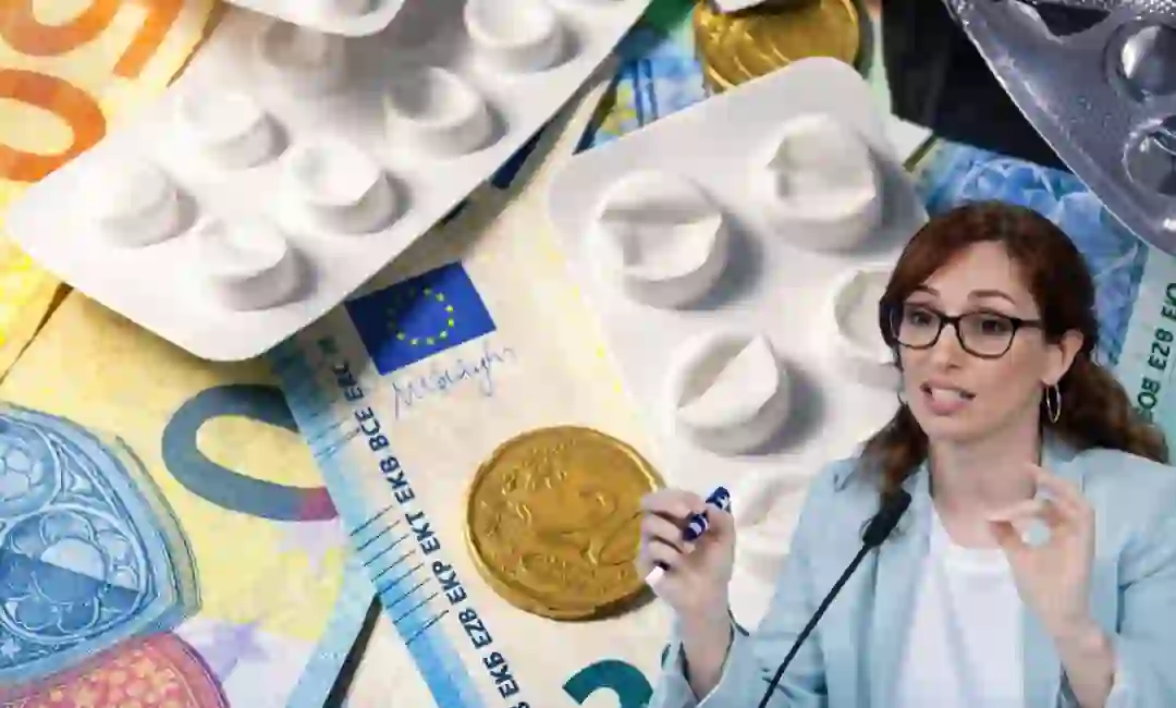 Foto de ministra sanidad sobre fondo de medicinas y dinero
