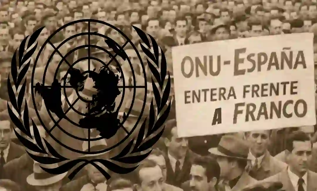Composición con logotipo de la ONU y manifestación contra la impunidad