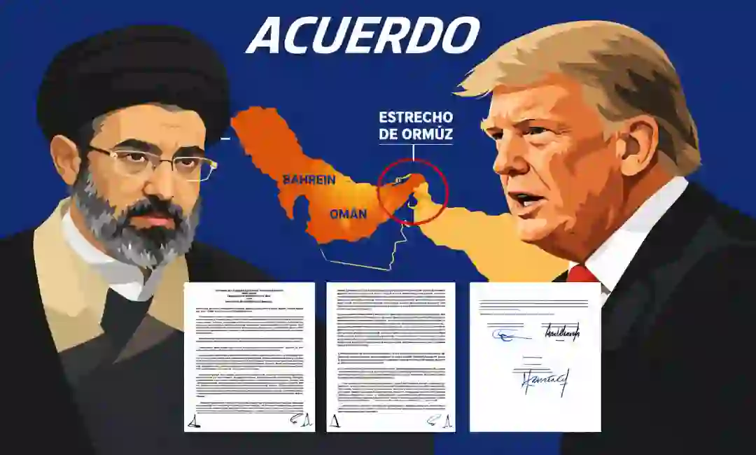 Dibujo por IA de lideres de Iran y EEUU con el acuerdo firmado