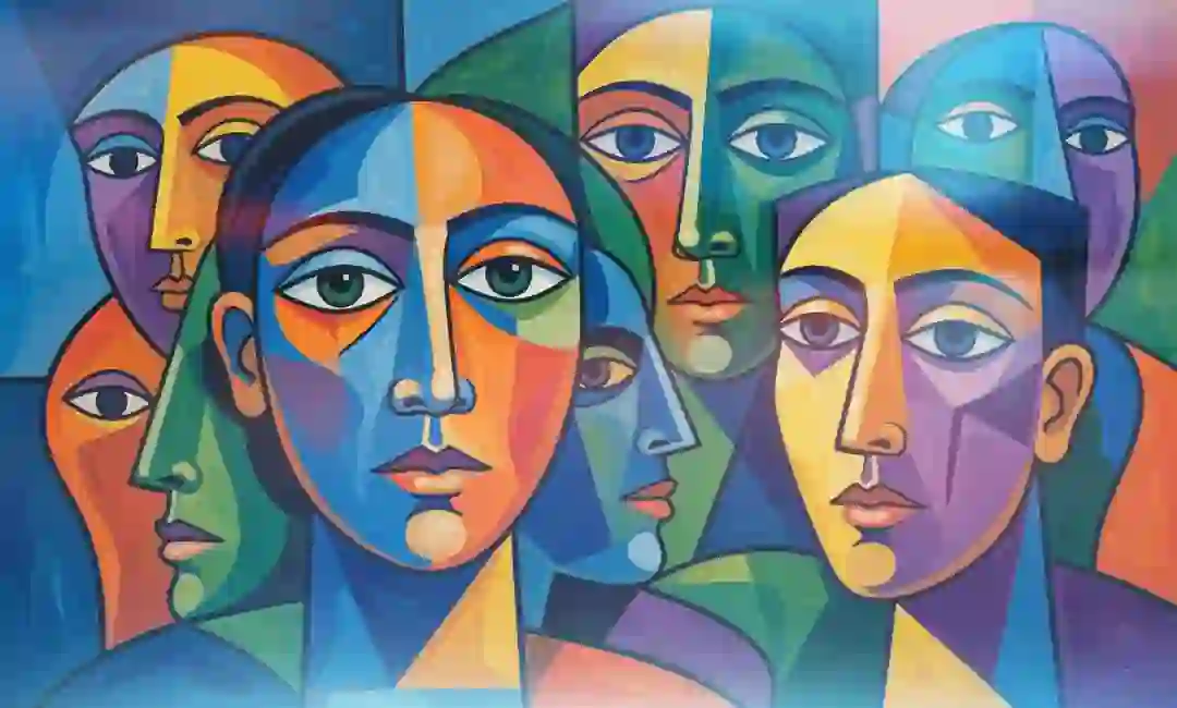 Diseño cubista por IA que muestra caras sonrientes