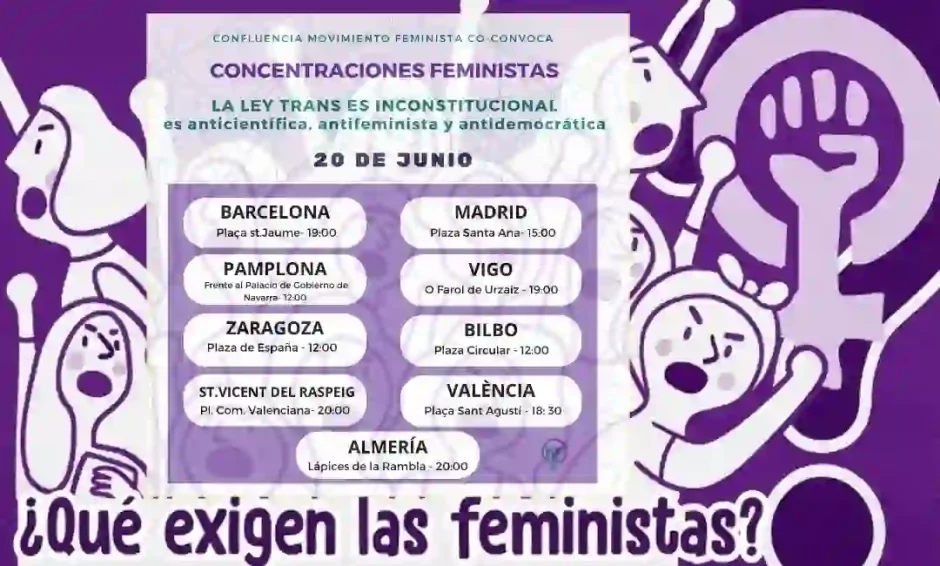 Movimiento Feminista convoca concentraciones contra la Legislación Trans el 20 de junio.