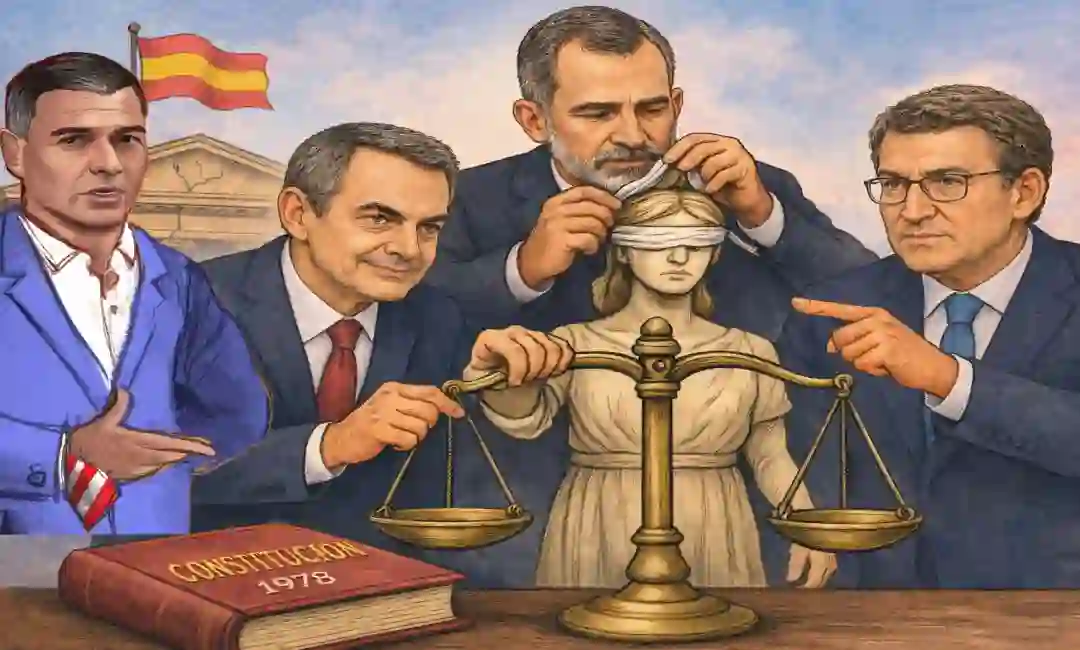 Dibujo de presidentes españoles y rey quitando la venda a la justicia