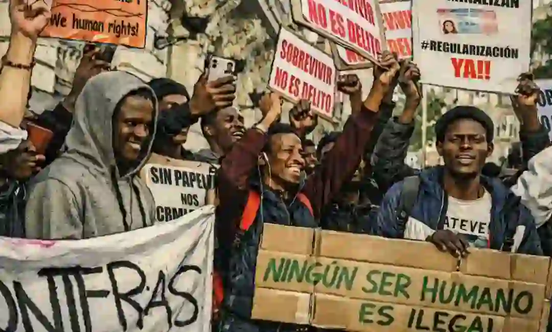 Foto de archivo rediseñada por IA mostrando una manifestación de migrantes