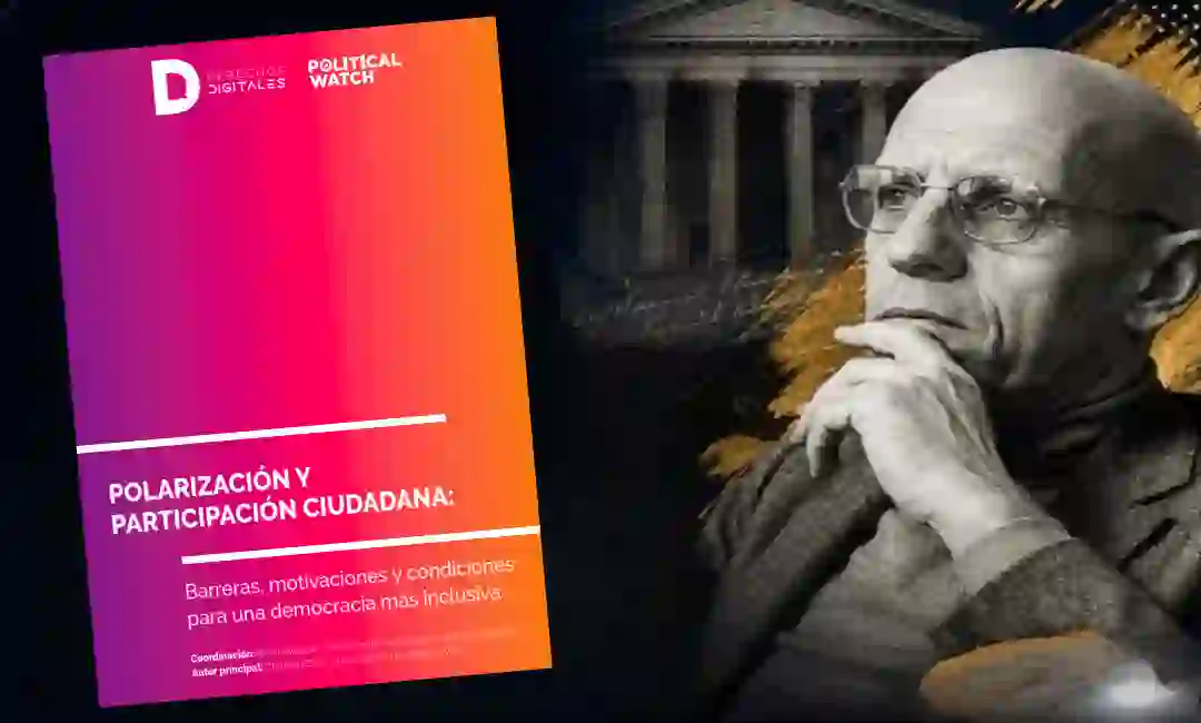 Composición de foto de Foucault y el libro del informe de Political Watch