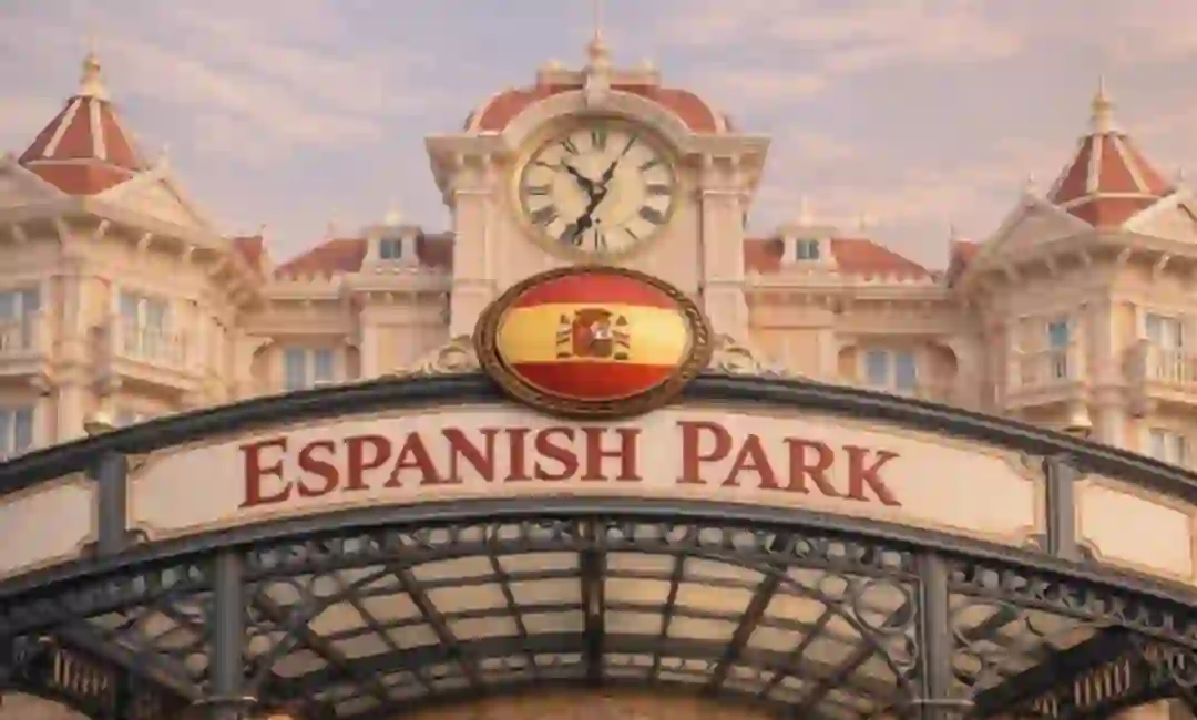 Simulación por IA del frontal de un parque temático con la marca de España