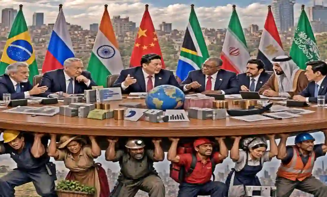 Simulación por IA de la mesa de lideres de los BRICS sostenida por los trabajadores