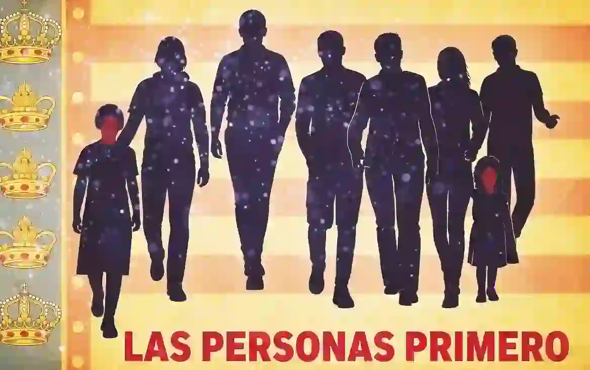 Diseño por IA de siluetas de personas sobre fondo de la bandera valenciana