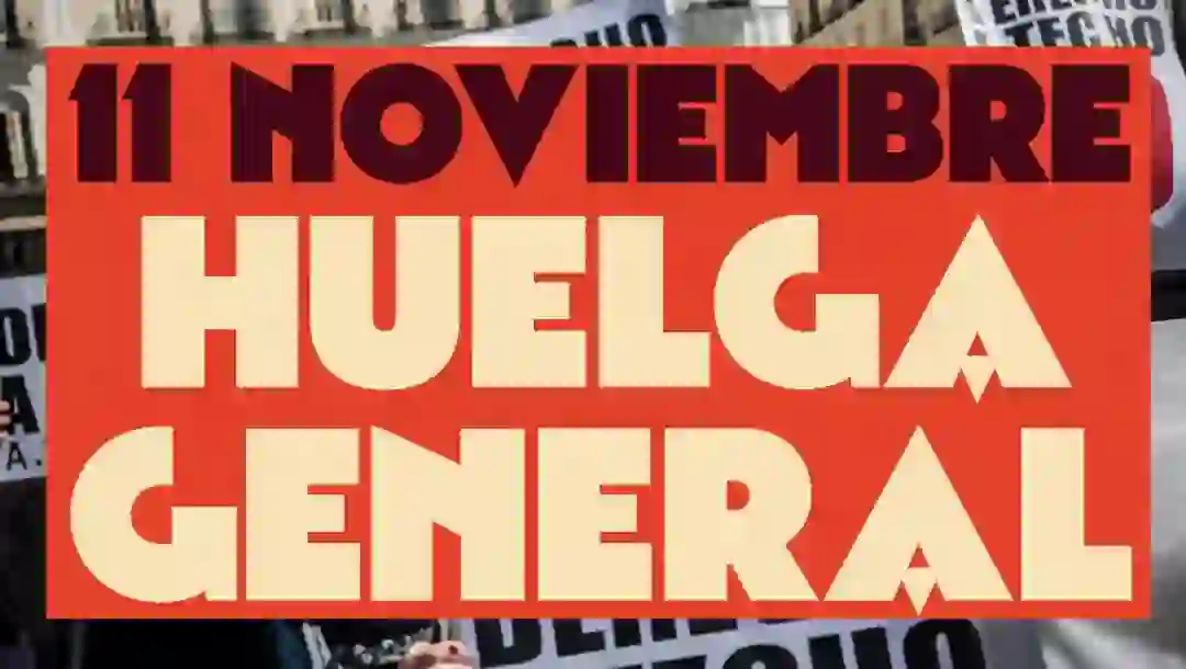 Composición del cartel de Huelga sobre fondo de acampada por la vivienda