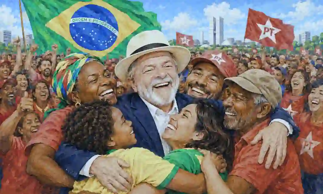 Dibujo colorista de Lula arropado por su electorado